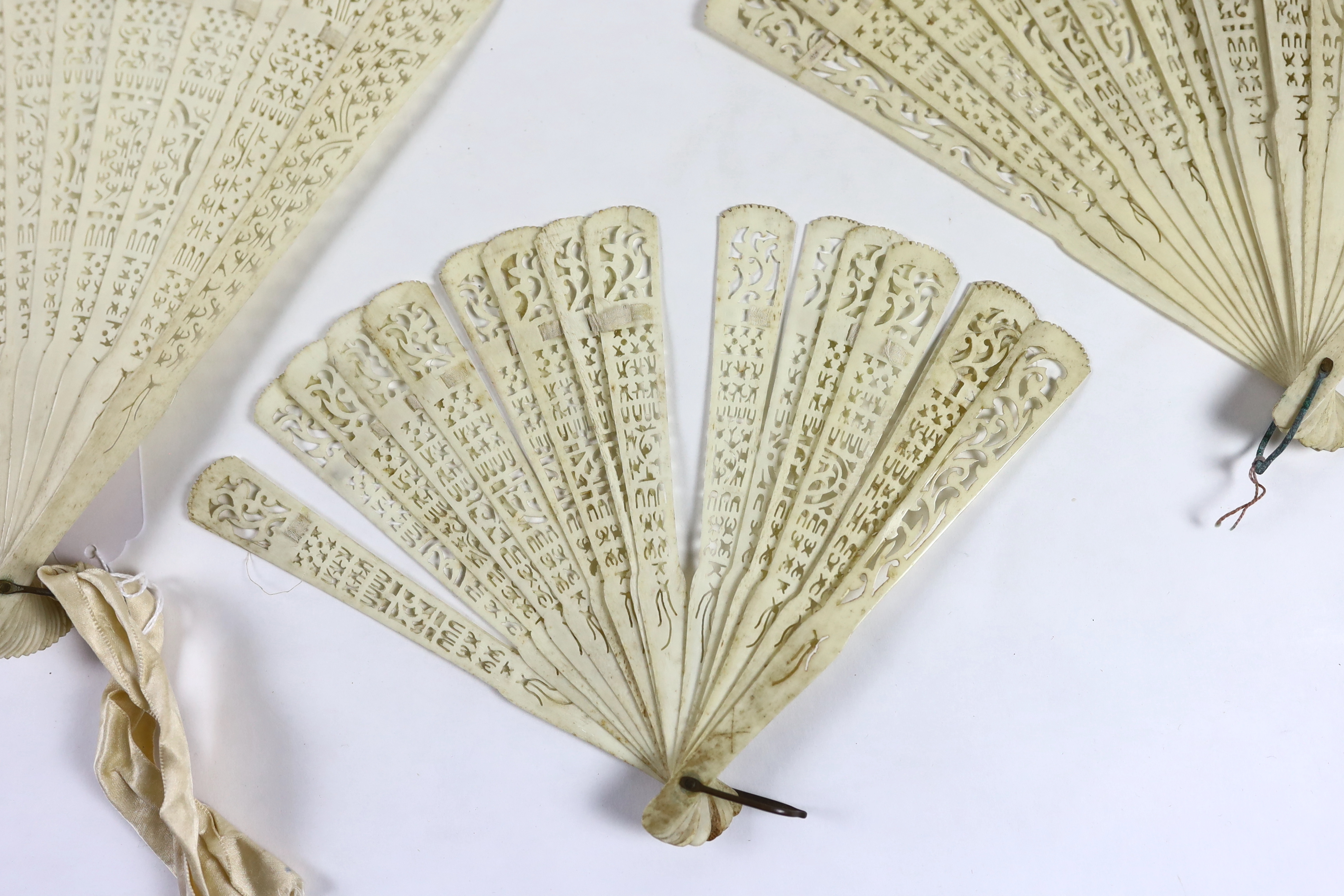 Three late 19th century 19th / early 20th century Chinese bone brisé fans